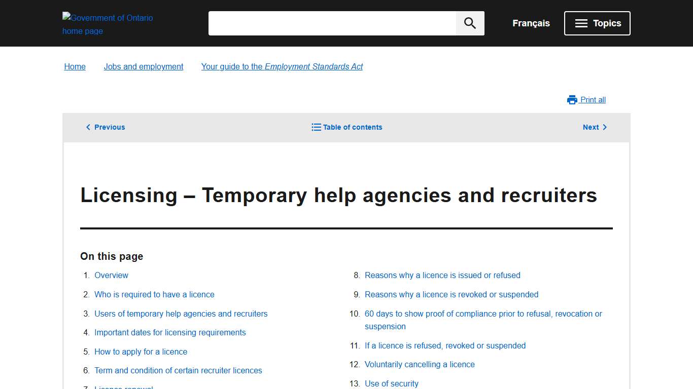 Licensing – Temporary help agencies and recruiters Your guide to the Employment Standards Act ontario.ca